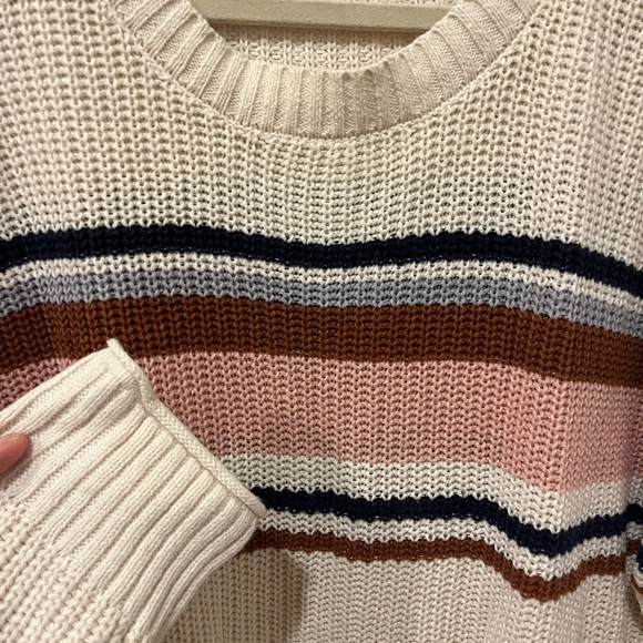 American Eagle Knit Sweater Ivory  w/ Pink Brown Gray Stripe Boxy SOFT  Womens L - Picture 3 of 4